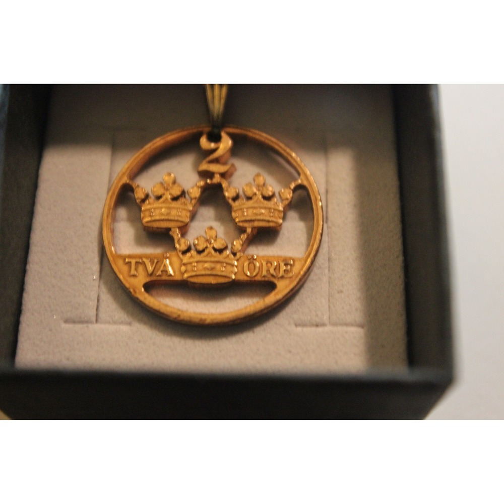 Vintage Sweden 2 Ore Coin Pendant Hand Cut Three Crowns Swedish Jewelry